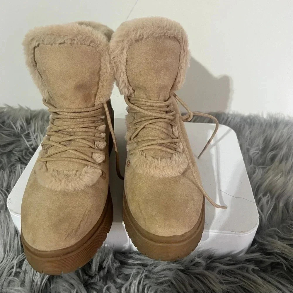 A‎ New Day cabincore ankle boots cream and tan faux suede faux fur - Picture 5 of 8